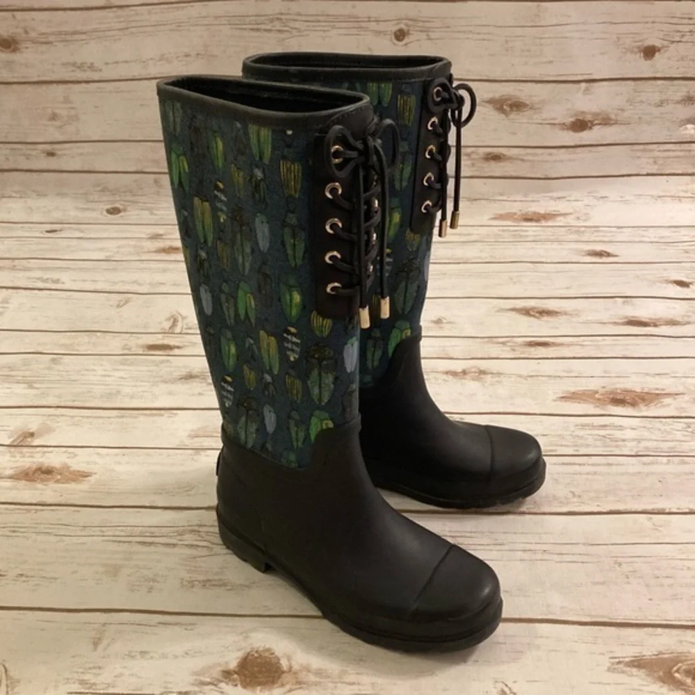 Tory Burch Lana Beetle Printed Tall Rain Boots Size 7